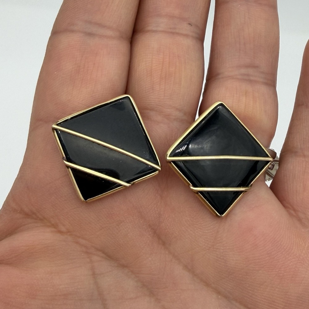 Vtg 14K Gold Onyx Earrings Modernist Designer Geometric Deco 4.80g MCM
